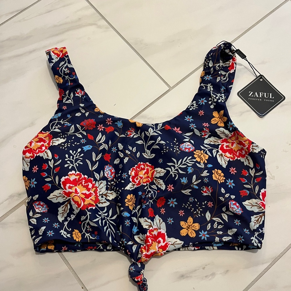 Zaful Floral Print Navy Blue swim top size medium